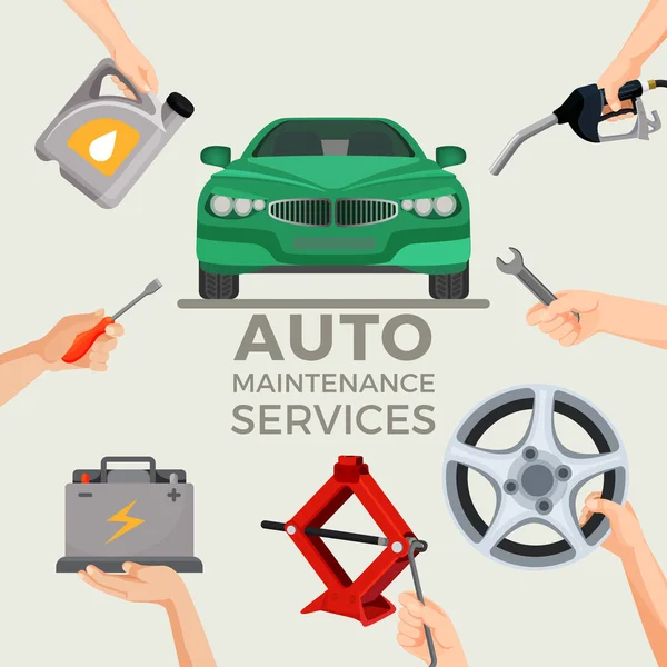 Conjunto de servicios de mantenimiento automático con coche verde en el centro de imágenes — Vector de stock
