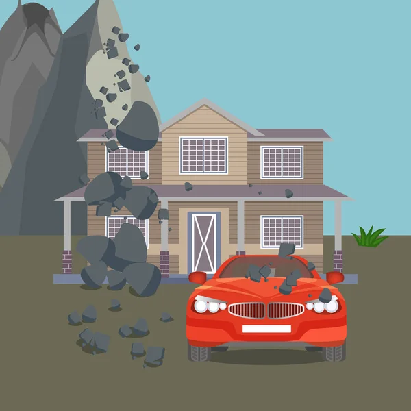 Ilustración realista de vectores de desastres naturales. Casa de campo, coche, árboles — Vector de stock
