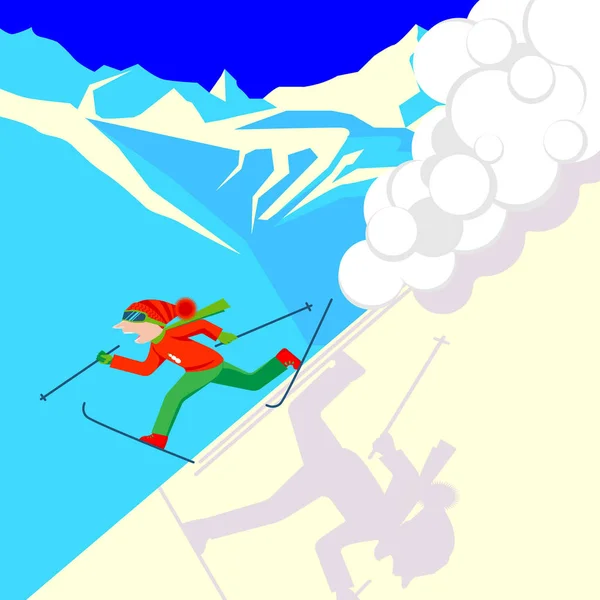 Homme échappant à l'avalanche de neige dans les montagnes. glissement de neige ou glissement de neige — Image vectorielle