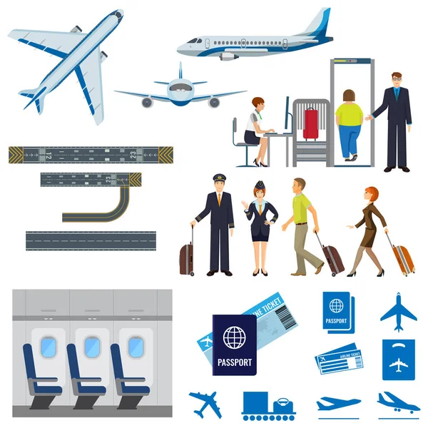Vector vliegende passagiers vliegtuigen, vliegtuig, check-in, piloot en stewardess — Stockvector
