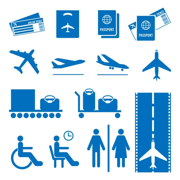 Panneaux aériens incolores réglés. Passeports et billets, vol d'avion, bagages — Image vectorielle