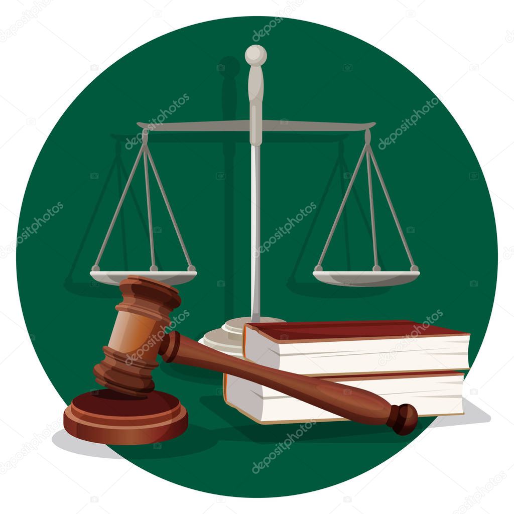 Judge gavel and grey scale with two book on green