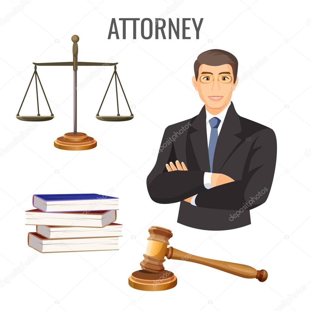 Attorney in glasses near scales, four books and judge gavel