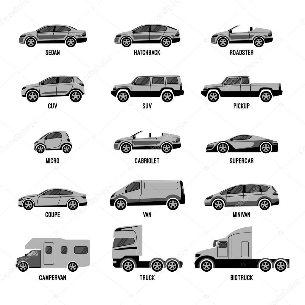 Automobile set isolated. Car models of different sizes or capabilities