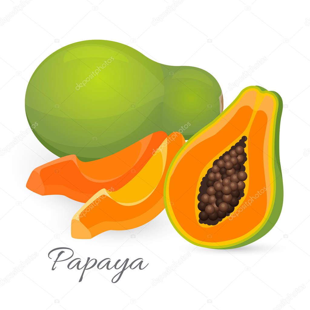 Papaya whole and half. Papaw, or pawpaw ediable exotic fruit.