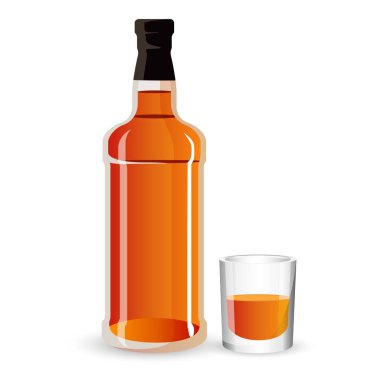 Bir şişe alkol içki ve stemware. Viski, viski veya cogna