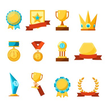 Hanging medals, glass awards, gold cups and crowns collection clipart