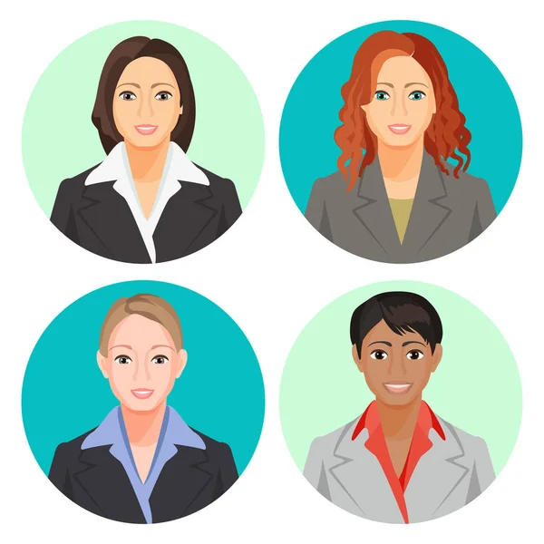 Retratos de mujer de negocios Avatar en cuatro círculos. Vector usuario fotos — Vector de stock