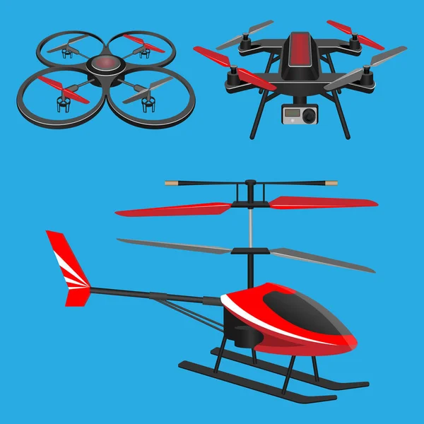 Czerwony helikopter, ciemne quadrocopters z i bez zabawki kamery wideo — Wektor stockowy