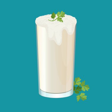 Bardak ayran ile dereotu ve maydanoz otlar üzerinde beyaz izole.