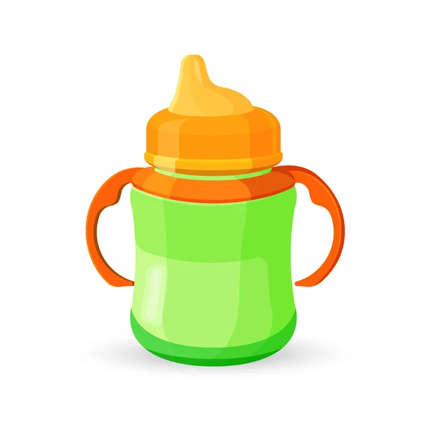 Bebek Kupası bottle yeşil turuncu şeffaf içme ile kase süt — Stok Vektör