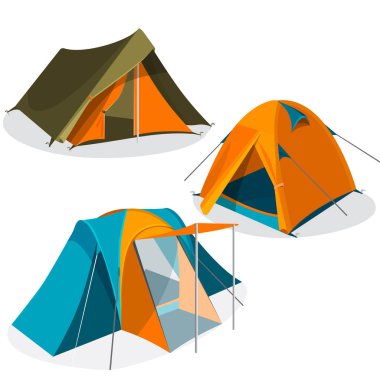 Awning tourist camping tents icons collection. Hiking pavilions vector illustration clipart
