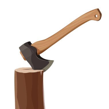 Beyaz arka plan üzerinde izole balta ile stump. Ahşap ax öğesi