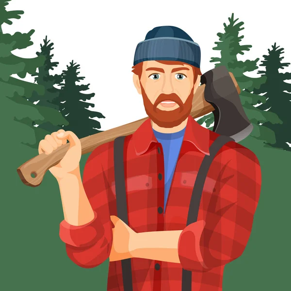 Κιθαρίστας με τσεκούρι στο δάσος. Ξυλοκόπος ο με στοιχείο για επεξεργασία ξύλου — Διανυσματικό Αρχείο