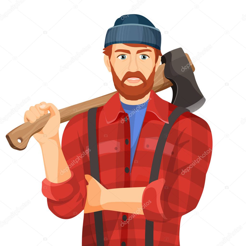 Axeman with wooden axe isolated on white background. Lumberman