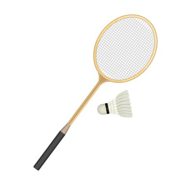 Badminton racket and white shuttlecock with black line. clipart
