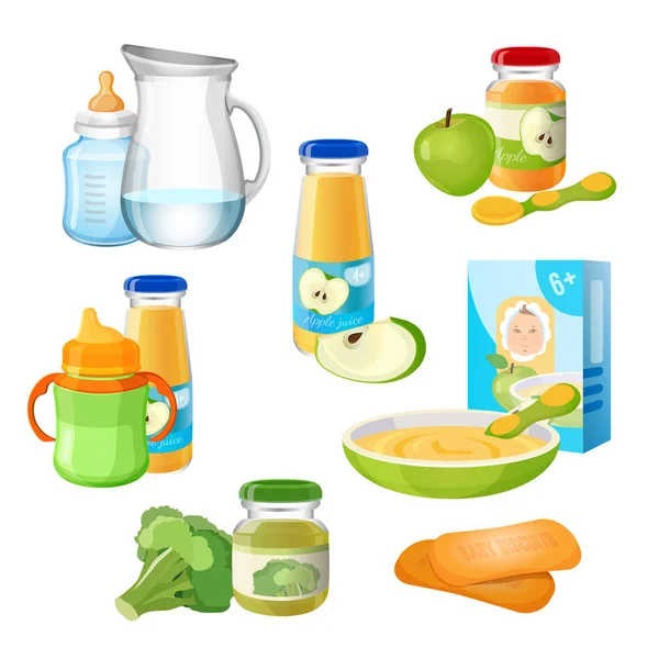 Aliments biologiques pour bébés affiche vectorielle. Jus et purées de pommes — Image vectorielle