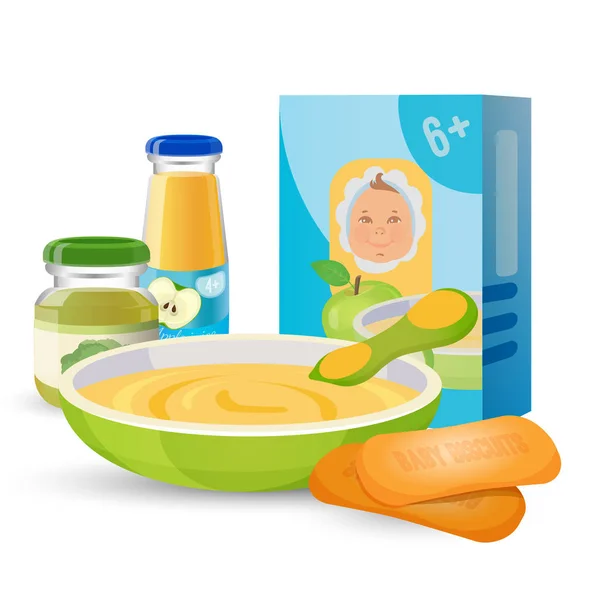 Café da manhã saudável para bebê com mingau de cereal e biscoitos —  Vetores de Stock