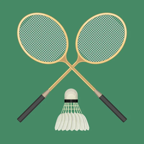 Deux raquettes de badminton croisées et un volant blanc avec ligne noire . — Image vectorielle