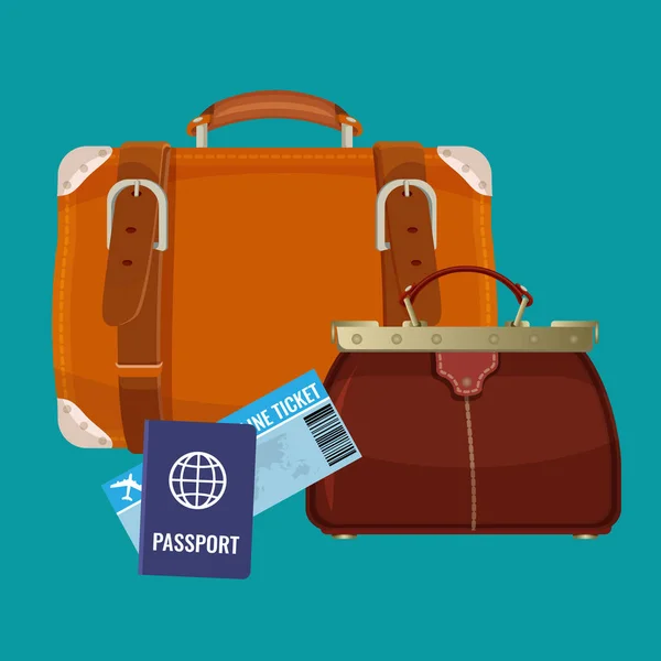 Koffer aus Leder, Handtasche in der Nähe von Fahrkarten und Reisepässen — Stockvektor