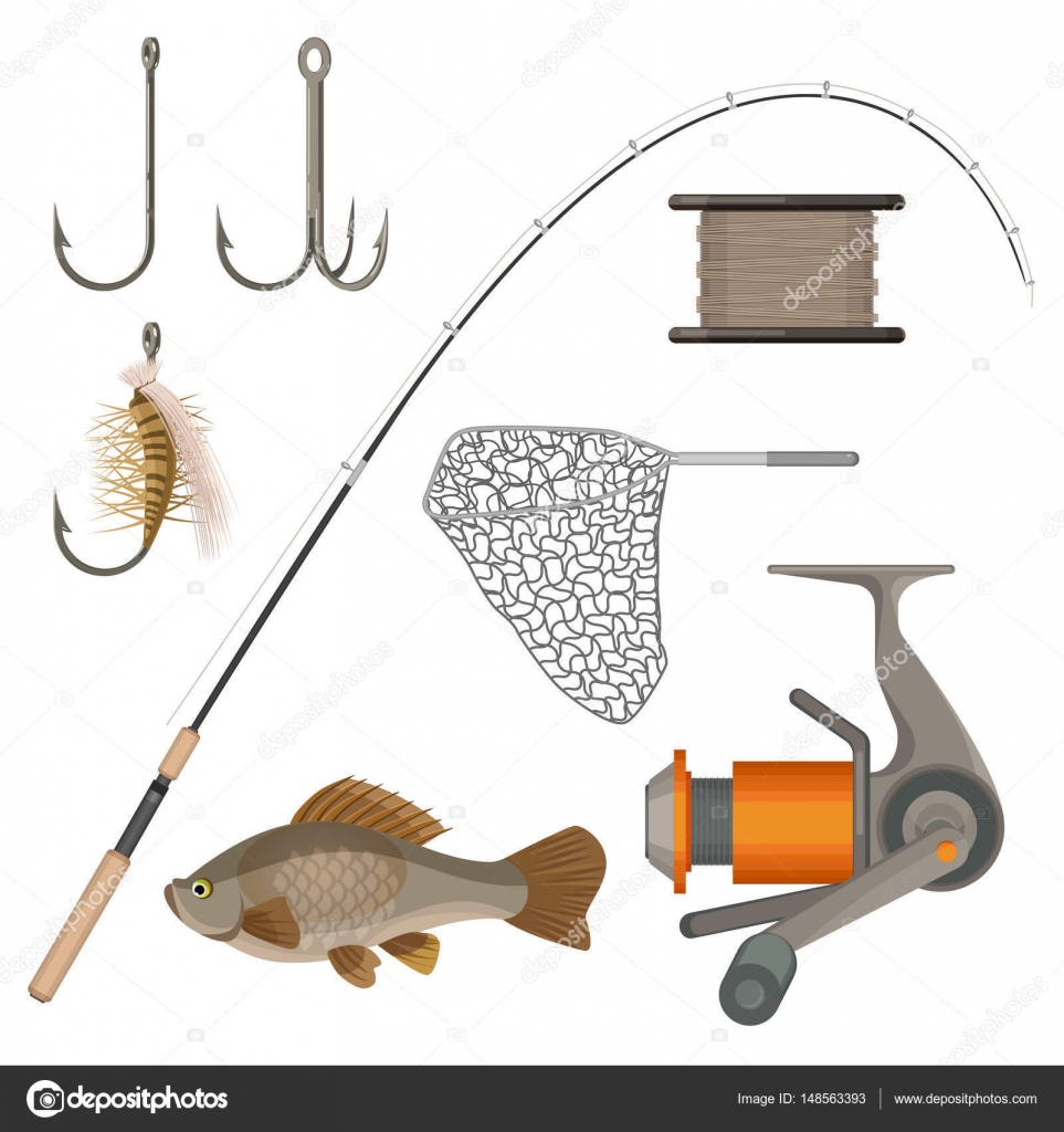 Vector of two hooks, bobbin, landing net, spinning reel, fish-rod