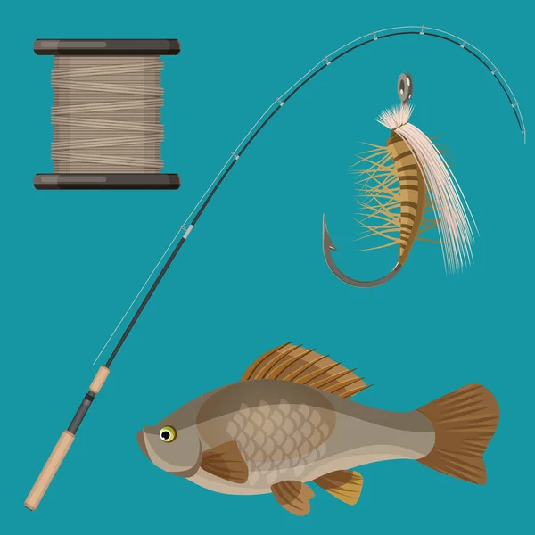 Vecteur de deux crochets, canette, filet de débarquement, bobine de filature, canne à poisson — Image vectorielle