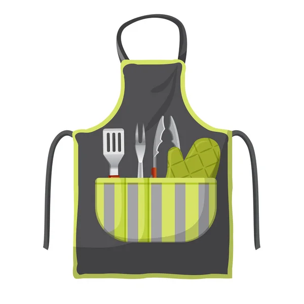 Tablier noir avec divers accessoires dans la poche pour barbecue isolé — Image vectorielle