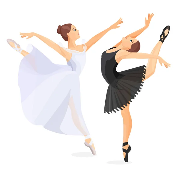 Tres jóvenes bailarines de ballet de pie en pose de diseño plano — Vector de stock