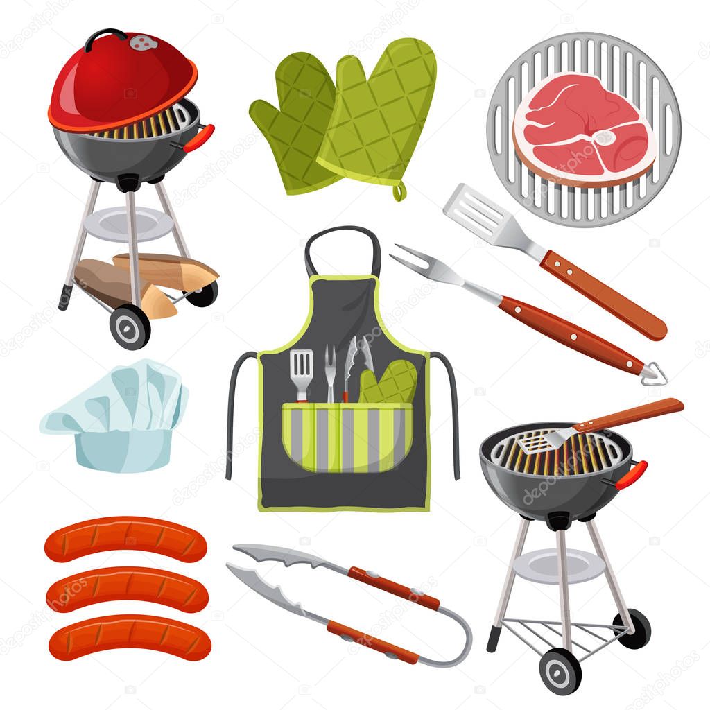 Vector grill, mittens, fresh meat on grid, sausages, shovel, fork
