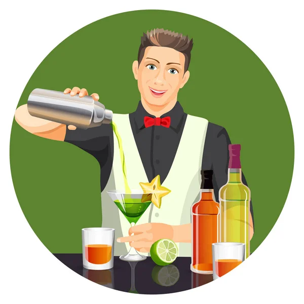 Männlicher Barkeeper macht Cocktail-Vektor flaches realistisches Bild — Stockvektor