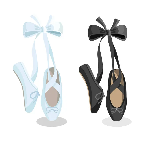 Puntas blancas y negras zapatos de ballet femeninos sobre fondo blanco . — Vector de stock