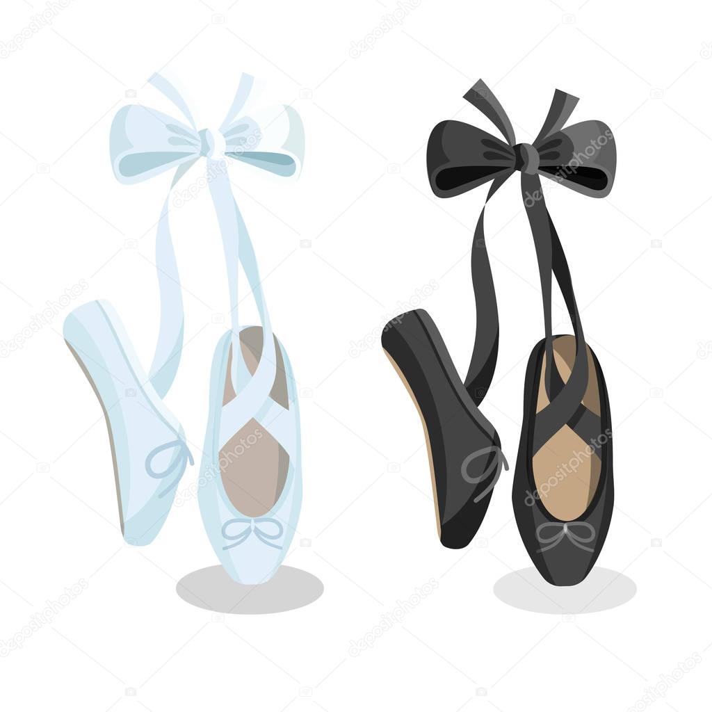 Black and white pointes female ballet shoes on white background.
