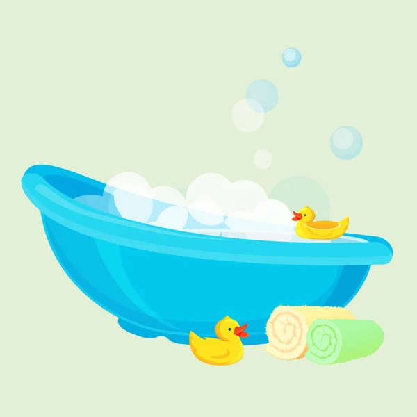 Baignoire pour enfant pleine de bulles et avec des jouets de canard — Image vectorielle