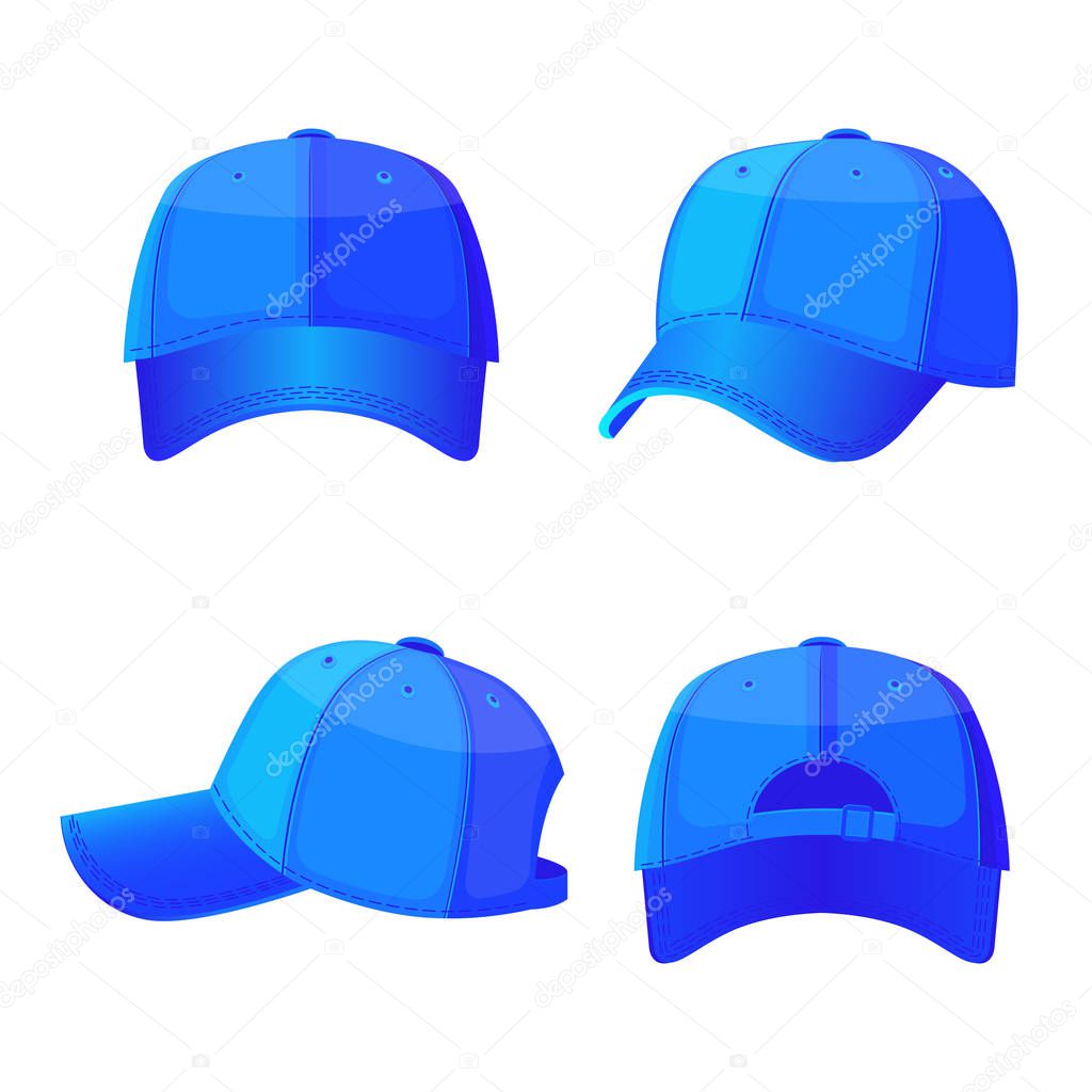 Baseball white caps in front side and back view isolated