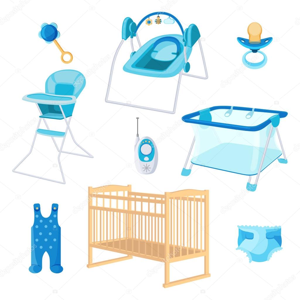 Bedroom furniture for newborn boy on white background