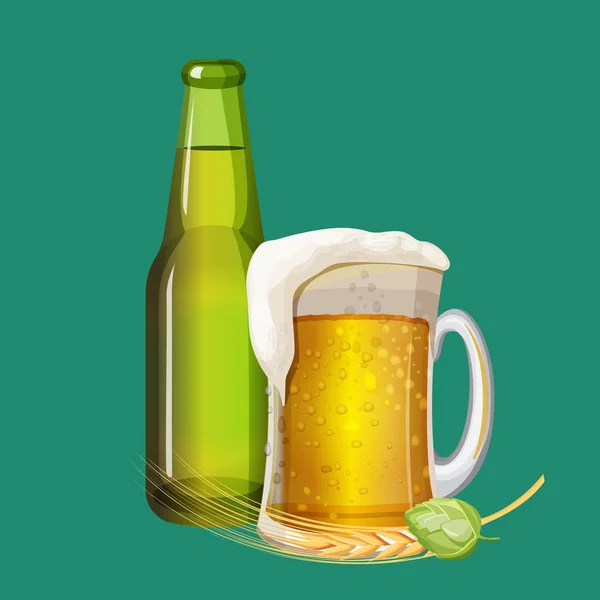 绿色啤酒瓶和起泡在玻璃杯子里的饮料 — 图库矢量图片