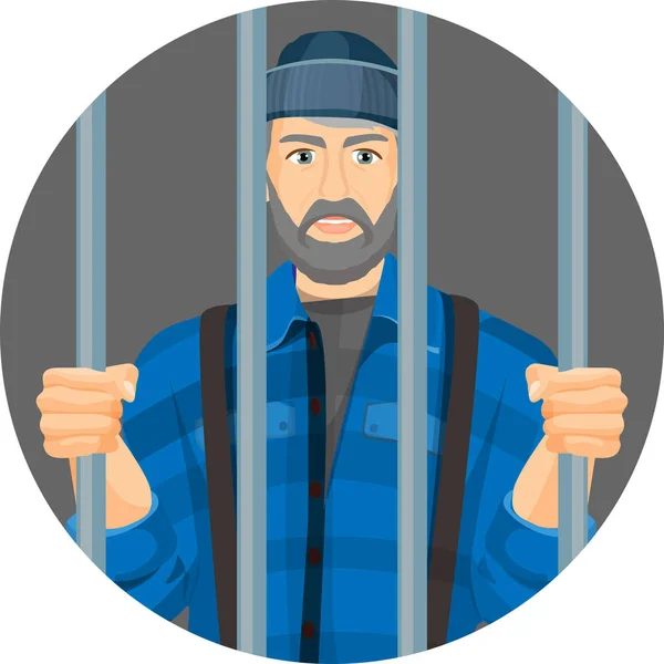 Kavkazská neoholený muž za mřížemi v kulaté tlačítko izolované na bílém — Stockový vektor