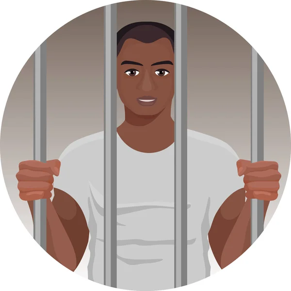 Mann mit schwarzer Hautfarbe hinter Gittern in rundem Knopf isoliert — Stockvektor