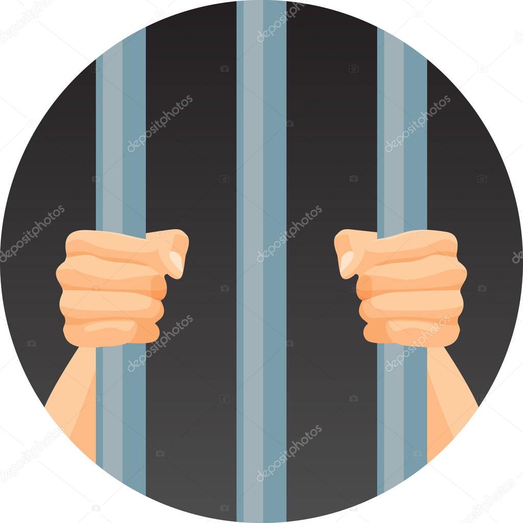 Human hands behind bars in round circle isolated on white