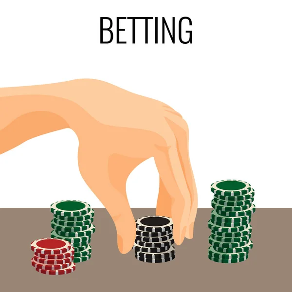 Wettkonzept. Hand bewegt Pokerchips isoliert auf Weiß — Stockvektor