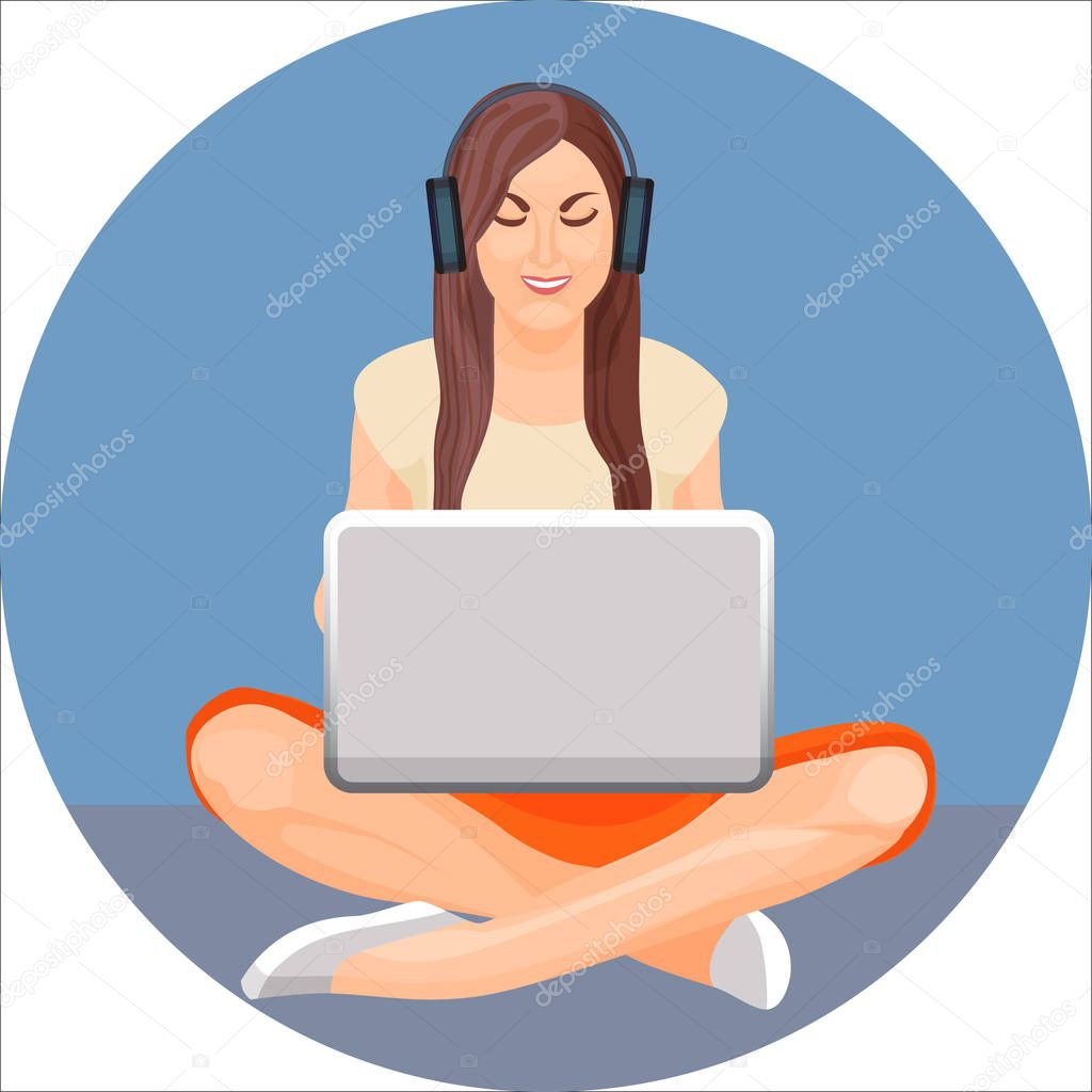 Woman with crossed legs in yoga position sitting behind computer