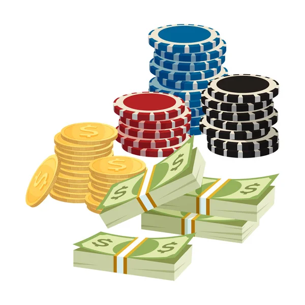 Концепция азартных игр. Покерные фишки, золотые монеты с табличкой доллара — стоковый вектор