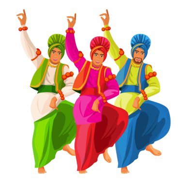 Ulusal bez vektör çizim üzerinde beyaz izole Bhangra dansçılar.