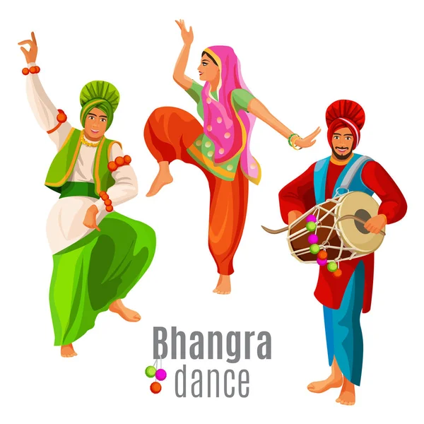 Concepto de danza Bhangra hombres y mujeres en el baile nacional de tela — Archivo Imágenes Vectoriales