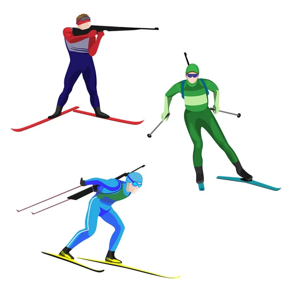 Biathlonists 在上白色孤立的滑雪板矢量图上设置. — 图库矢量图片