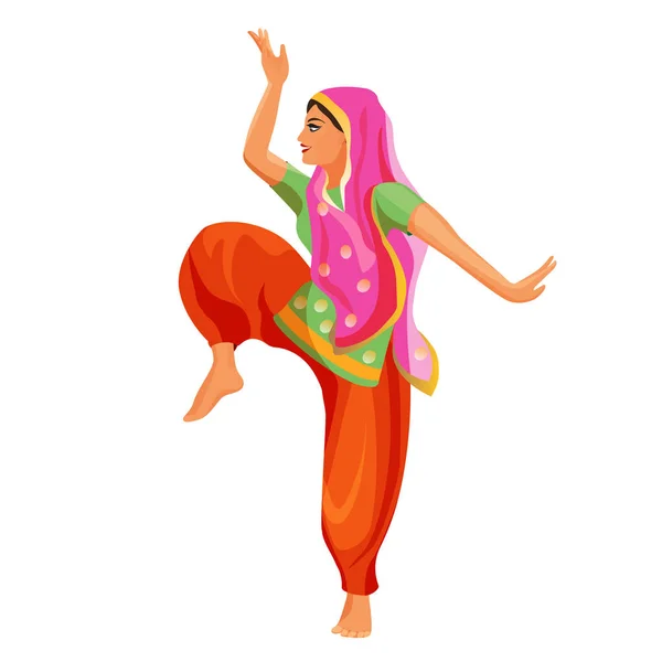 Samotnie taniec dziewczyna w jedwabną koszulę i spodnie z zadaszonym głową w wykonaniu — Wektor stockowy