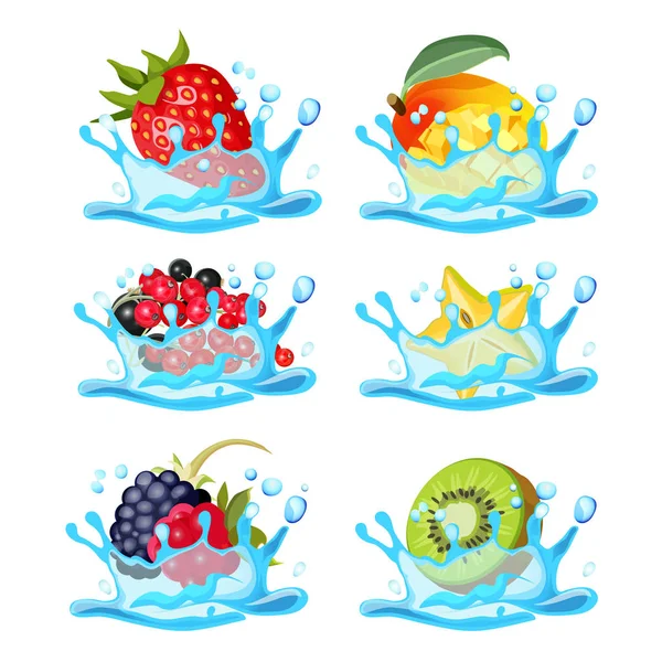 Frische Erdbeere, gesunde Mango, schwarze und rote Johannisbeere, Bio-Karambolage, — Stockvektor