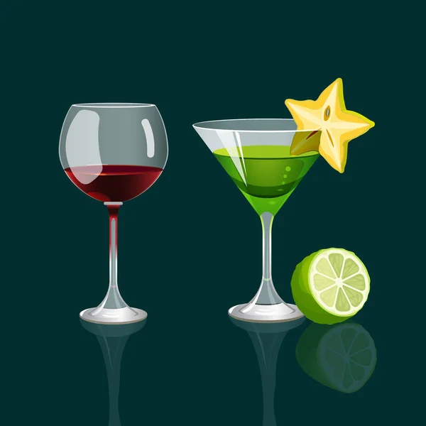 Склянка червоного вина і коктейльний напій з карамболою — стоковий вектор