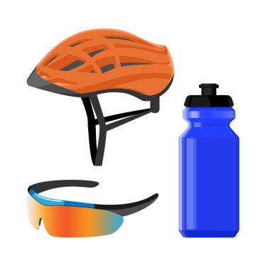 Bisiklete binme spor giyim kask, plastik şişe içki, koruyucu modern güneş gözlüğü