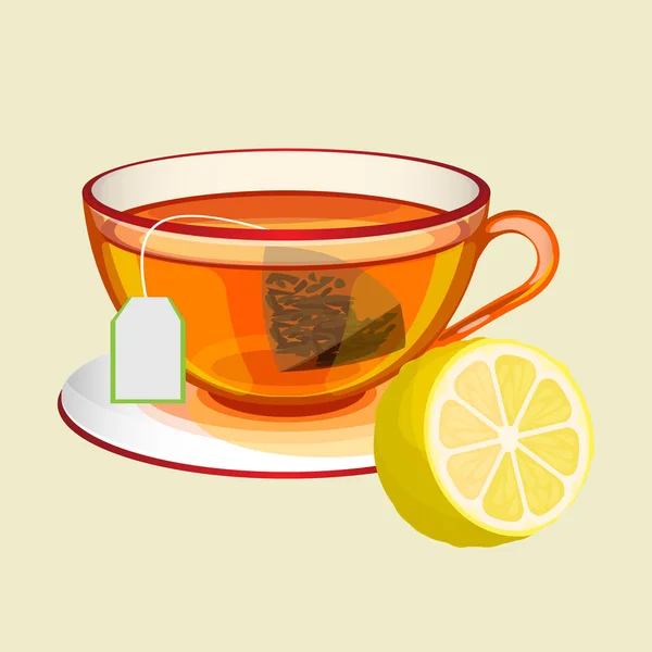Puchar na talerzyk z torebek herbaty, wody i cytryny — Wektor stockowy